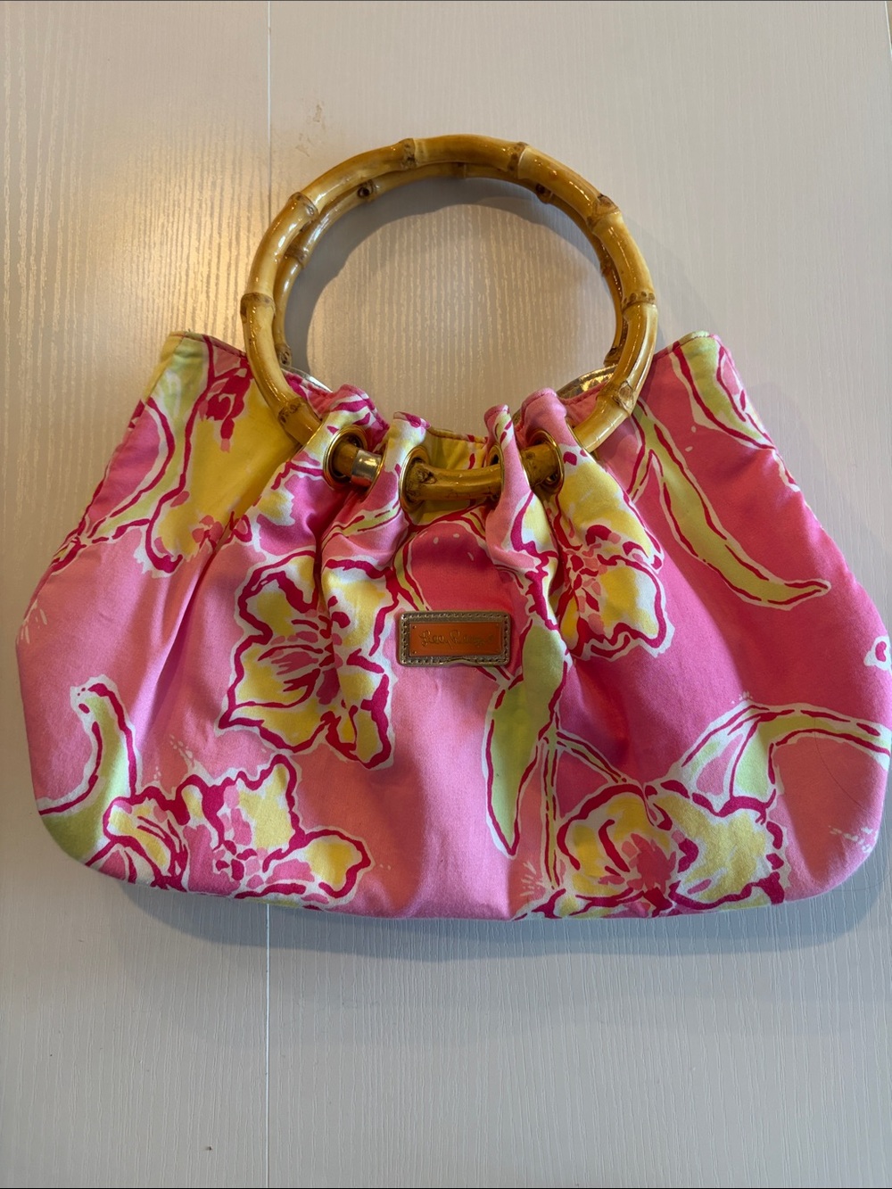 Floral Pink Bamboo-Handle Tote